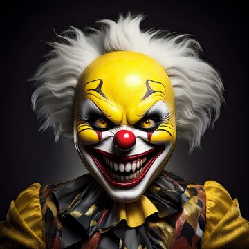 Ein gelbgesichtiger glatzk&ouml;pfiger Clown mit sch&uuml;tterem wei&szlig;en Haar grinst teuflisch in die Kamera.