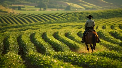 25. **A farmer riding a horse through a field of crops.