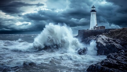 Stormy Day at Lighthouse on Rocky Coast with Violent Waves and Dark Clouds, Intense Atmosphere, Photo Realistic