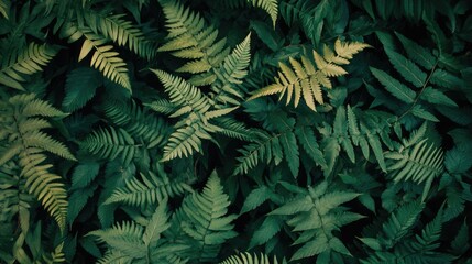 Intricate fern leaves overlapping to create a dense, natural background with vibrant green hues.