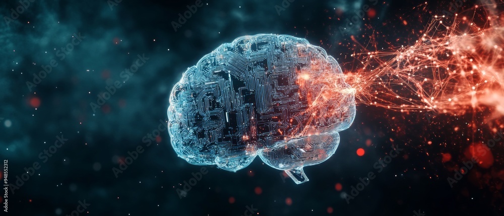 Poster futuristic digital brain with ai energy stream on dark background