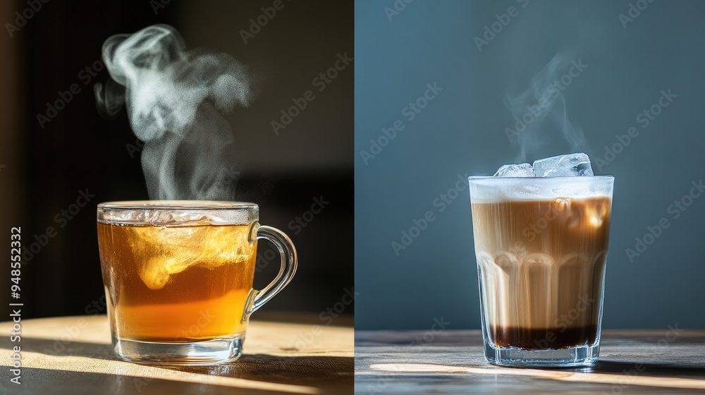 Sticker Hot Tea and Iced Coffee with Steam Rising