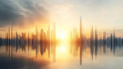 Fototapeta premium A stunning skyline at sunrise, reflecting warm colors on a calm water surface, creating an ethereal and serene atmosphere.