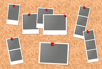 set of various  polaroids with thumbtack pin on corkboard