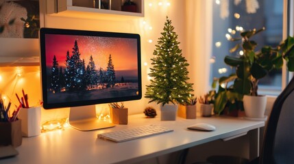 A beautifully decorated home office features holiday lights and plants, creating a festive atmosphere for working during the holidays