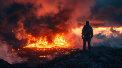 Obraz premium A man stands on a rocky hillside, looking at a large, fiery volcano
