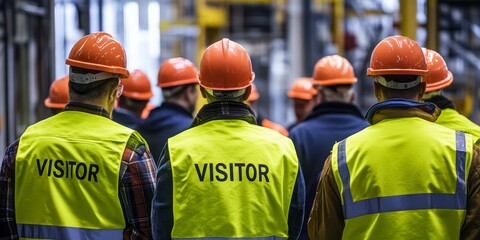 Visitors at an industrial site are required to wear hard hats and brightly colored vests for safety reasons. They must also observe and adhere to workplace protocols very closely during their visit