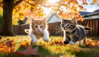 Two playful kittens, one tabby and one calico, are next to each other in a sun-dappled backyard on a crisp autumn day. Fallen leaves are scattered around, and a vibrant maple tree dominates the yard