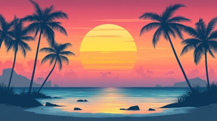 Fototapeta premium A serene sunset over a tranquil beach, framed by palm trees and gentle waves, perfect for relaxation and inspiration.