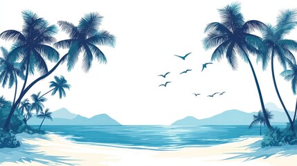 Obraz premium Tranquil beach scene with palm trees, gentle waves, and soaring birds, perfect for relaxation and tropical vibes.