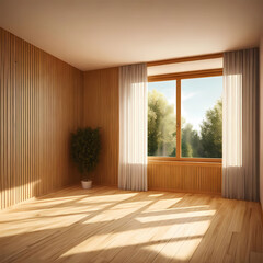 Fototapeta premium Room interior empty space background mock up, sunlight and shadows room walls, cozy summer warm room with sunlight and leafs shadows and wooden blank parquet floor