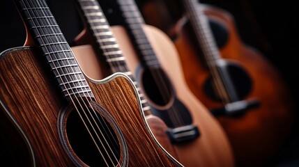 Guitars on black background. Musical wallpaper. Notes near guitars. Equipment for guitarist....