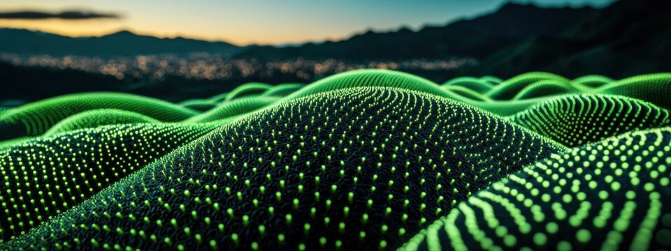 A cityscape powered by microbial fuel cells, where bacteria generate electricity from organic waste, with the city lights powered by bioluminescent organisms, sustainable energy