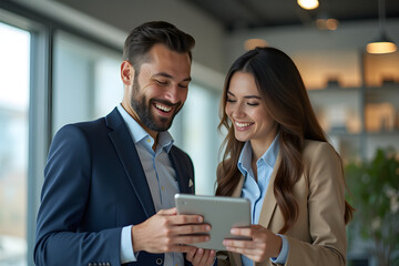 Business colleagues sharing a laugh over a tablet. Male executive and young female employee.