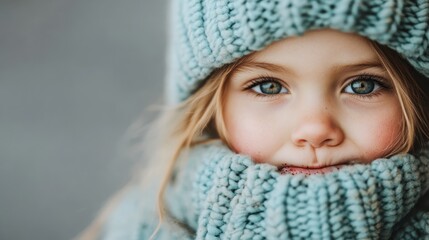 Close-up portrait of a young girl with striking blue eyes, wearing a blue knit hat and scarf, capturing a moment of innocence and warmth in a cozy setting.
