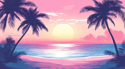 Obraz premium A serene sunset over a calm ocean, framed by palm trees, creating a perfect tropical paradise atmosphere.