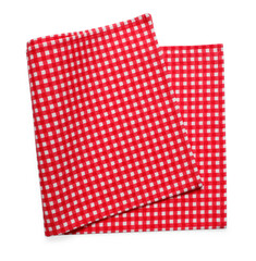 Red checkered picnic tablecloth isolated on white, top view