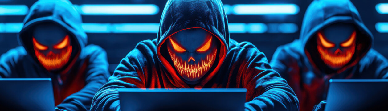 A group of hackers in cyberpunk costumes hacking into a haunted system on Halloween