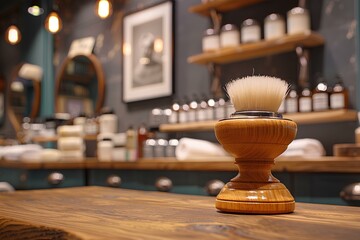 A shaving brush sitting on top of a wooden counter