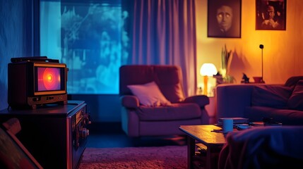 A dimly lit cozy home theater with a vintage projector playing a horror movie