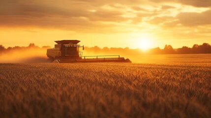 Fototapeta premium 19. **A farmer driving a combine harvester through a wheat field at sunset.
