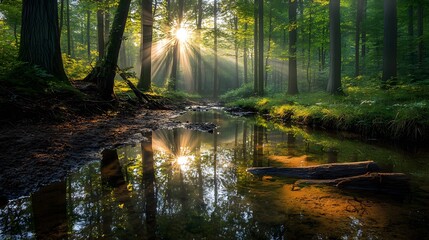 Obraz premium Beautiful forest landscape with a small stream, sunlight shining through the trees, and mist rising from puddles on the ground
