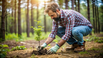 Fototapeta premium Close-up of a man planting trees in a forest, environment, conservation, sustainability, nature, outdoors, forest