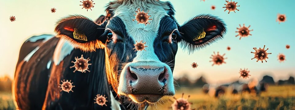A cow grazing in a field, with a transparent overlay showing the microorganisms in its rumen that help digest plant material, highlighting the importance of microbes in animal nutrition