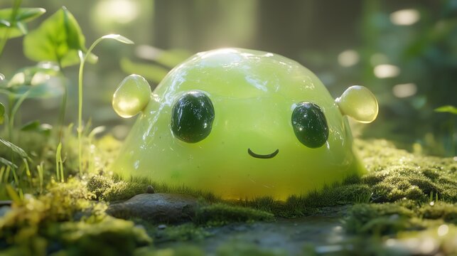 Cute green gelatinous creature resting in lush forest surrounded by vibrant foliage and soft moss in bright sunlight