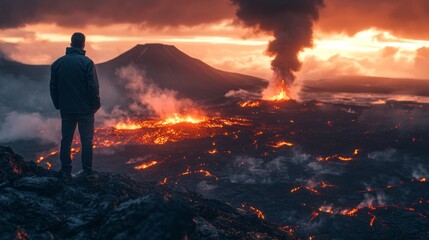 A man stands on a rocky hill overlooking a volcano with smoke