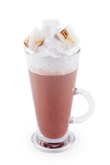 Delicious cocoa drink with marshmallows and whipped cream in irish glass