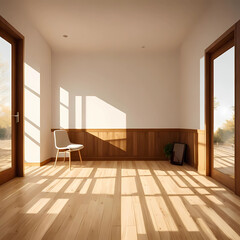 Fototapeta premium Room interior empty space background mock up, sunlight and shadows room walls, cozy summer warm room with sunlight and leafs shadows and wooden blank parquet floor