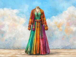 Fototapeta premium Boho tribal outfit, Halloweenthemed costume, natural textures, 3D illustration