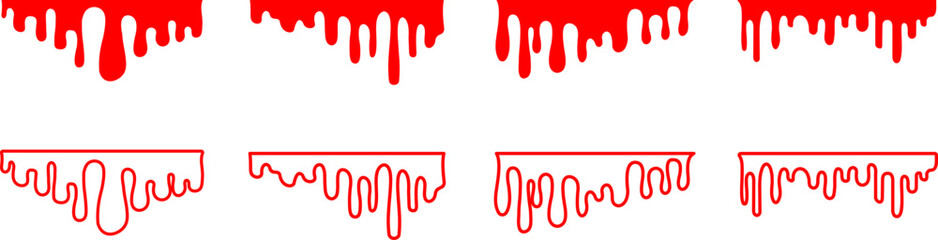 Paint dripping. Red dripping ink. Dripping liquid. Current paint, stains. Flowing liquid on transparent background. Vector