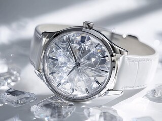 Crystalline watch featuring a gem-like faceted crystal texture across the dial shimmering with light reflections