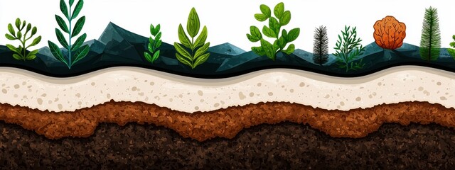 A detailed cross-section of soil showing different layers filled with diverse microorganisms, each contributing to soil fertility, plant growth, and carbon sequestration