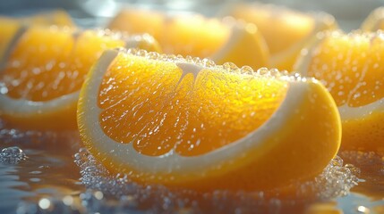 Tangy lemon segments presented in a futuristic, sleek style with a short depth of field. Features sharp contrasts, clean lines, and luminous highlights.