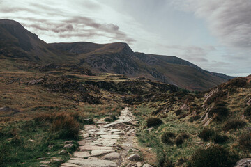 Stone path through Welsh mountains