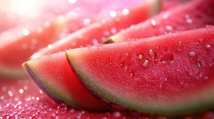 Juicy watermelon segments depicted in a futuristic, sleek style with a short depth of field. Emphasizes radiant colors, precise lighting, and smooth textures.