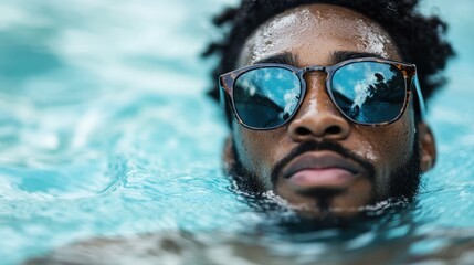Fototapeta premium A person swimming underwater in a pool, visible only by their goggles and head, creating a serene and dynamic scene that captures the essence of relaxation and motion.