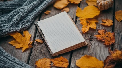 fall marketing campaign, fall-themed rustic setting with autumn leaves a journal on wooden desk, perfect for seasonal promotions