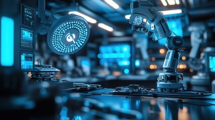 Robotic surgery taking place in a futuristic operating room with blue lights and precision instruments, showcasing advanced technology.