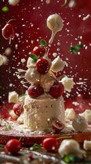 Red cherries splash into creamy white dessert.