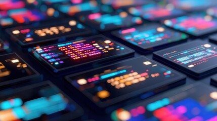 A collection of vibrant digital screens illuminates a tech workspace, showcasing various graphs, codes, and data visualizations during the night. The glow creates an energetic atmosphere