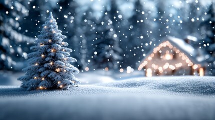 A serene winter scene with a snow-covered tree and a cozy house illuminated by festive lights amidst gently falling snowflakes.