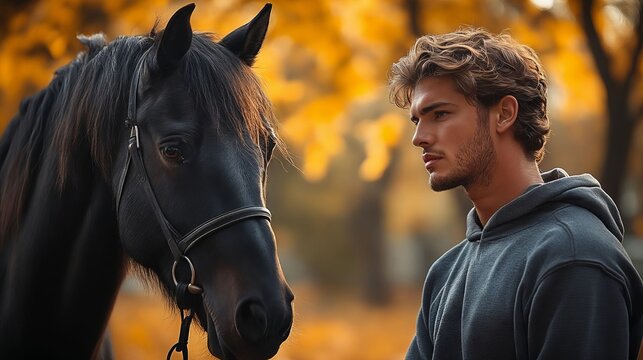 A man standing next to a black horse in a field