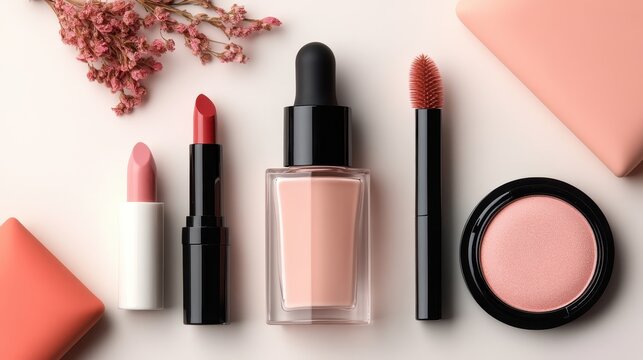 This image features a carefully arranged makeup set including lipsticks, foundation, a mascara wand, and blush, presented with pink flowers, highlighting elegance and femininity.