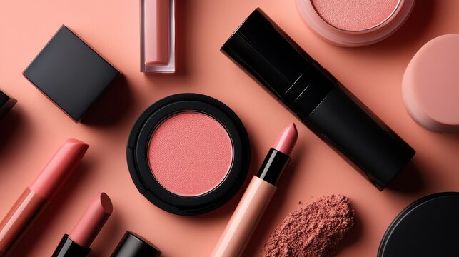 Various beauty products including lipsticks, blush, foundation, and eyeshadow, organized on a pastel background displaying a blend of soft and vibrant colors for aesthetic appeal.