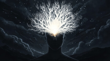 A surreal image depicting a figure with a luminous tree emerging from their head, symbolizing creativity and thought.