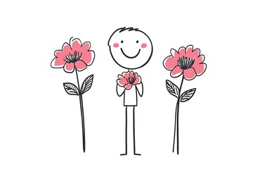 Cheerful Stick Figure Holding Peony Flowers with Floral Delight